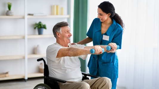 Patient participating in physical therapy during stroke rehabilitation